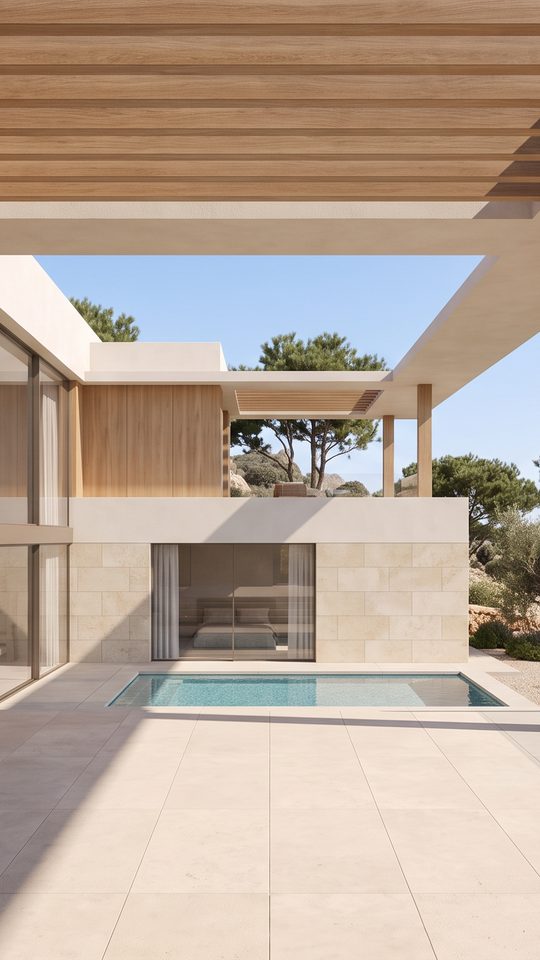 Terraza vacía con pérgola de madera y piscina, foto de partida